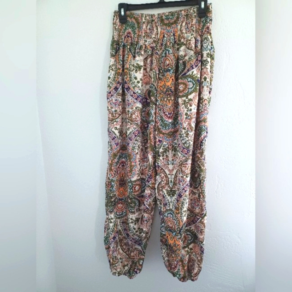 Gomorn Boho Smocked Waist Paisley Print Jogger Bottom Pants